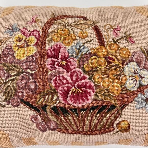 Beautiful Small Vintage Flowers Fruit Basket Hand Stitched Needlepoint  Pillow - Picture 3 of 7